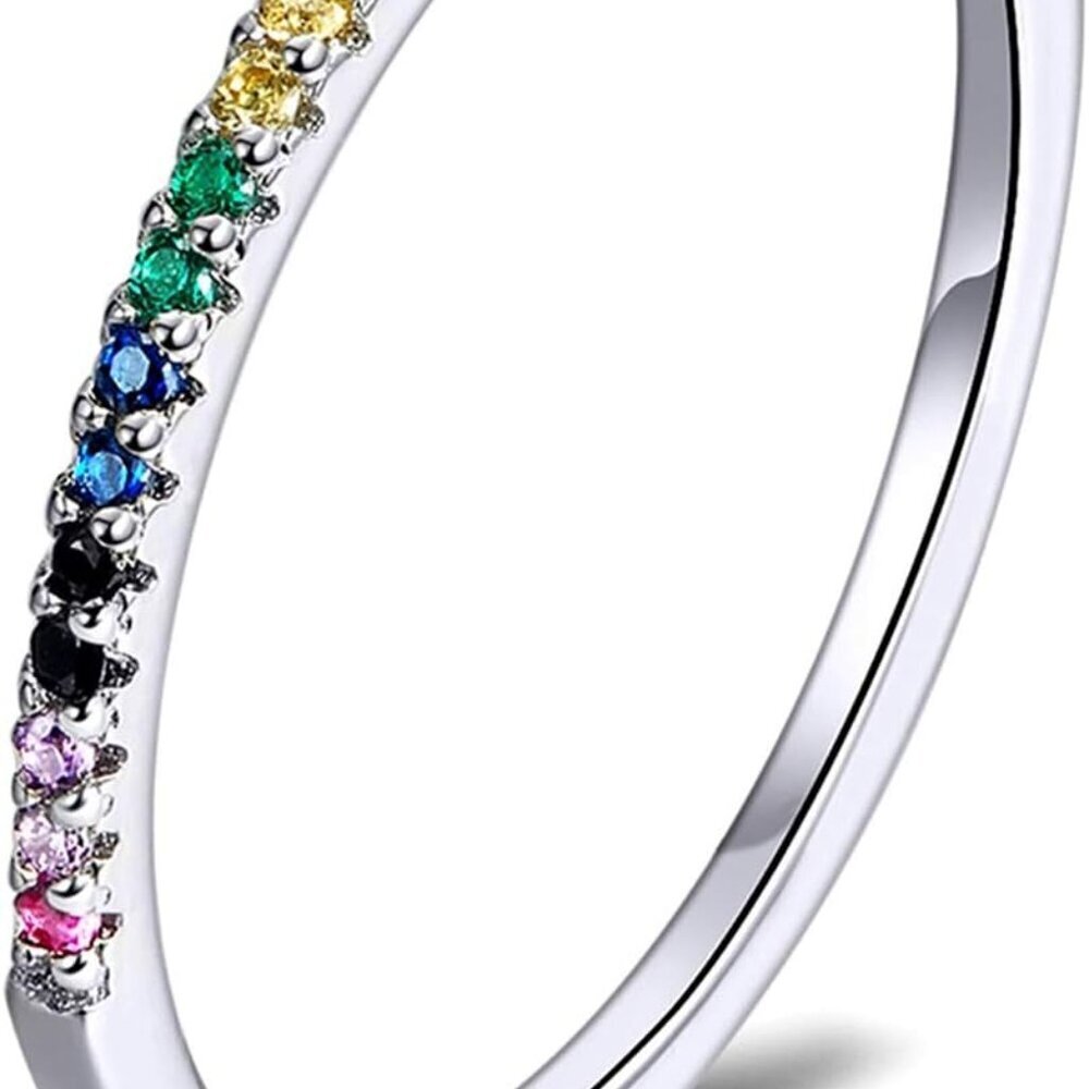 Fashion Rainbow Stackable Ring 925 Sterling Silver Circle Ring Pave Sparking CZ